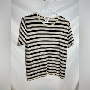Classic Minimalist Workwear 100% Silk Talbots Black and Cream Striped Knit Top